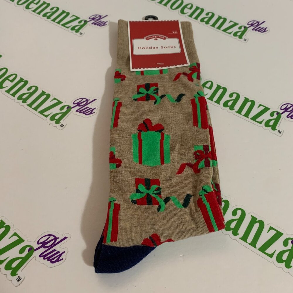 Ugly Christmas Socks Holiday Time Crew Presents Gifts Beige Green Mens 6 - 12